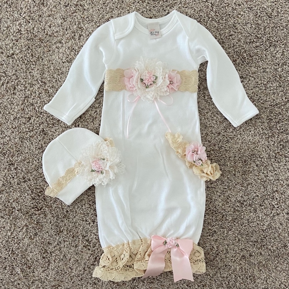 NWOT Newborn gown, headband, and hat